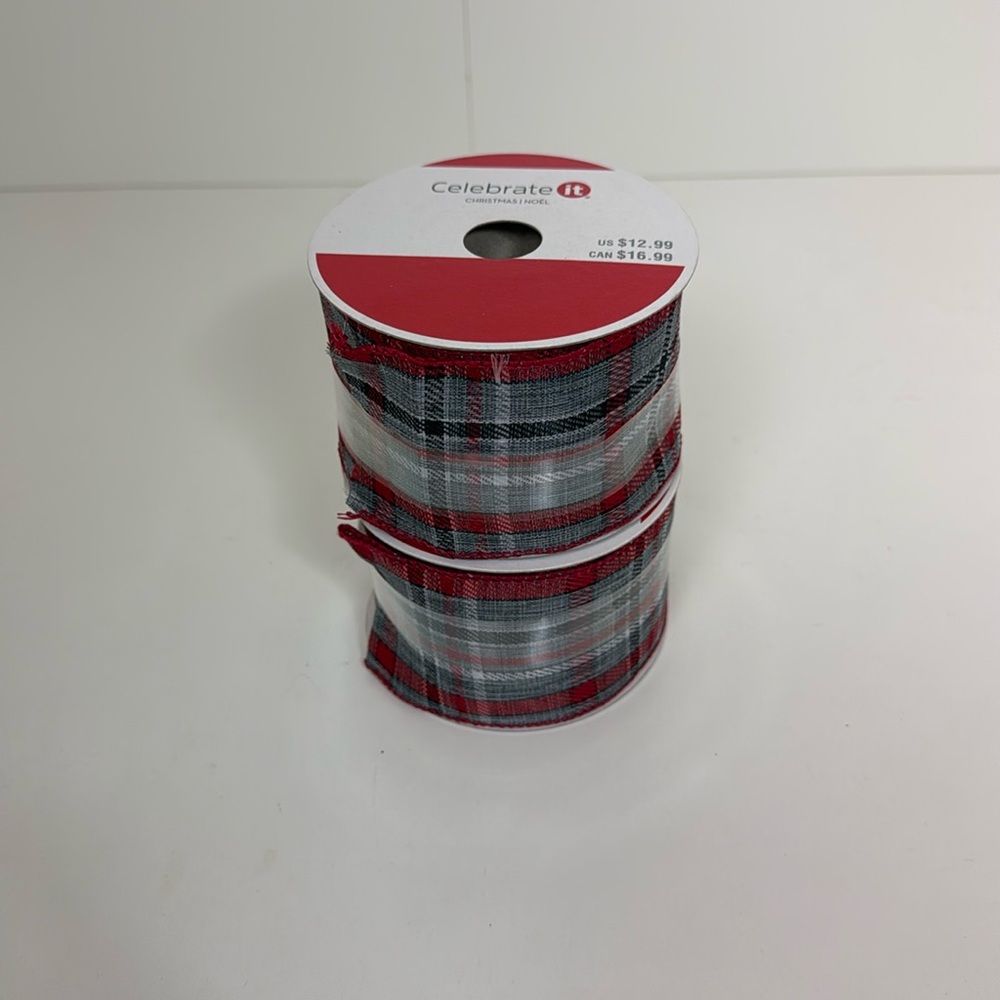 2 NWT Gray & Red Plaid 2 1/2” Wired Ribbon 20 Feet Long
